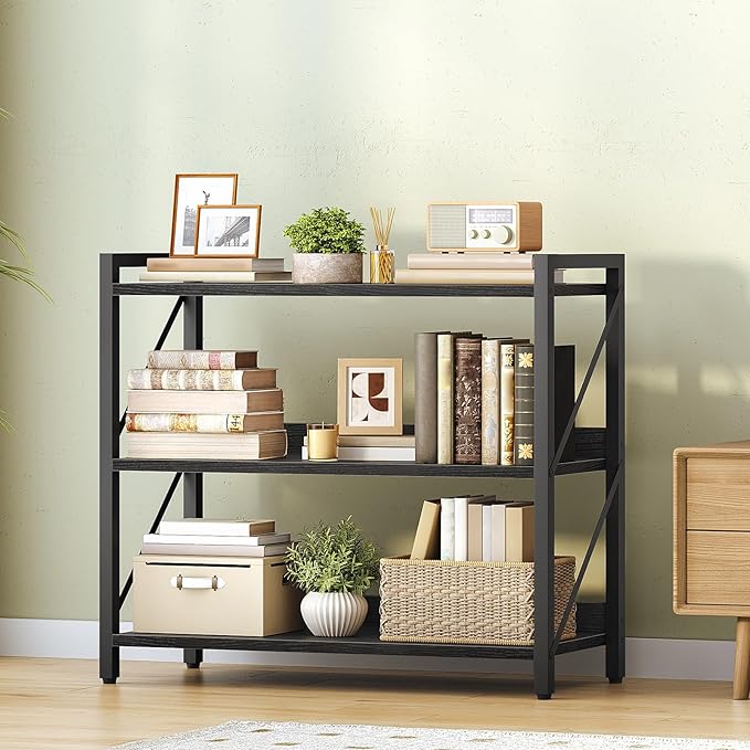 HOOBRO Bookshelf, 3-Tier Industrial Bookcase, Book Shelf Storage Organizer, Bookshelf with Metal Frame for Living Room, Bedroom, Home Office, Kitchen, Black BB718SJ01