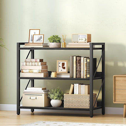HOOBRO Bookshelf, 3-Tier Industrial Bookcase, Book Shelf Storage Organizer, Bookshelf with Metal Frame for Living Room, Bedroom, Home Office, Kitchen, Black BB718SJ01