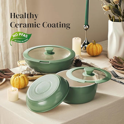 Redchef 16pcs Ceramic Pots and Pans Set Non Stick, Nonstick Ceramic Cookware Set with Detachable Handle, Non Toxic, PFAS PFOA & PTFE Free RV Cookware for Camping, Dishwasher/Oven Safe (Green)