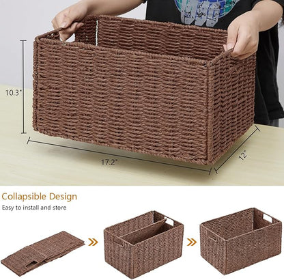 Vagusicc Wicker Storage Basket, Set of 2 Hand-Woven Paper Rope Wicker Basket, Small Storage Baskets for Organizing Toilet Paper Basket, Foldable Large Cube Storage Organizer Bins for Shelves (Brown)
