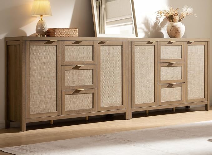 SICOTAS Rattan Large Sideboard Buffet Cabinet with Storage - Farmhouse Boho Coffee Bar Storage Cabinet with 3 Drawers and 2 Doors, Tall Credenza for Living Room, Kitchen, Caramel Oak (2 Pieces)