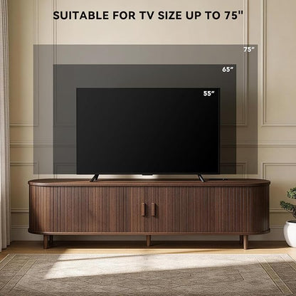65" Mid Century Modern TV Stand with Power Outlet, Fluted Entertainment Center with Storage and Adjustable Shelves, Wood TV Console with Sliding Doors for Living Room, Walnut
