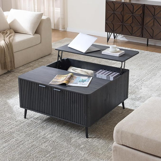 Fatmok Large Lift Top Coffee Table with Hidden Compartment, 35.4" Wide Oversized Square Coffee Table with Storage, Mid Century Modern Fluted Center Table for Home Living Room, Black Grey