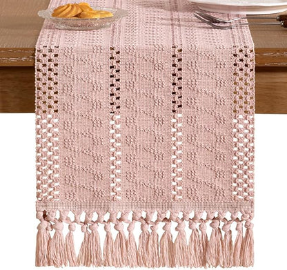 Socomi Boho Table Runner Valentine's Day Farmhouse Rustic Dining Kitchen Centerpiece Decor Small Macrame Woven Cotton Linen Coffee Table Runner for Dresser Scarf Home Decor 12x36 in Pink
