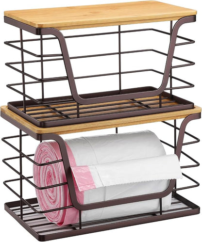 ALOCEO 2 Pack Stackable Wire Storage Basket with Bamboo Lid, Trash Bag Dispenser Under Sink for 4-13 Gal Bags, Kitchen Storage Bins for Potato and Onion, Brown