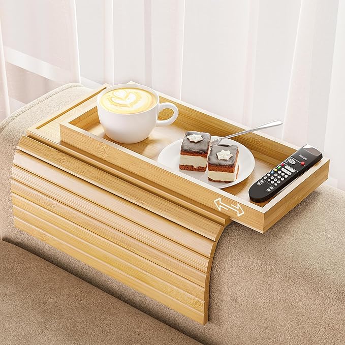 Bestjing Bamboo Sofa Armrest Tray Table for Couch - 2-in-1 Couch Arm Table with Be Slide Detachable Tray- Anti-Slip Foldable Sofa Armchair Caddy for Drinks Cellphone TV Remote Snacks (Bamboo)