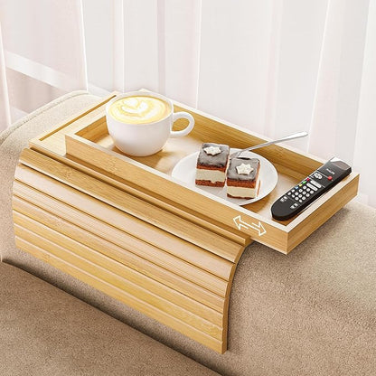 Bestjing Bamboo Sofa Armrest Tray Table for Couch - 2-in-1 Couch Arm Table with Be Slide Detachable Tray- Anti-Slip Foldable Sofa Armchair Caddy for Drinks Cellphone TV Remote Snacks (Bamboo)