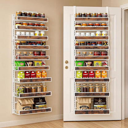 9 Tier Over The Door Pantry Orangizer 2 IN 1 Wall Mounted or Hanging Spice Rack with Adjustable Wood Basket,Heavy Duty Seasoning Storage Shelf for Kitchen Pantry and Bathroom White