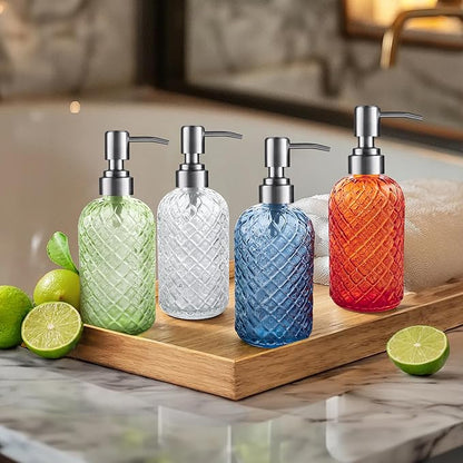 14 Oz Refillable Glass Soap Dispenser with Rust Proof Stainless Steel Pump, for Dispense Hand soap, Body wash, Lotion 2pack (Blue)