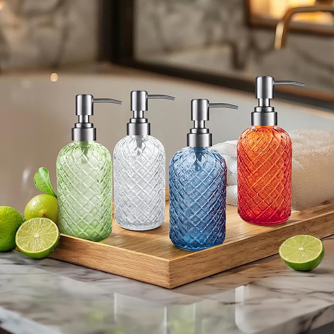 14 Oz Refillable Glass Soap Dispenser with Rust Proof Stainless Steel Pump, for Dispense Hand soap, Body wash, Lotion (Blue)