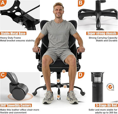 Ergonomic Office Chair with Flip-up Armrests 300lbs,Middle-Tall Computer Office Desk Chair with Lumbar Support,Executive Leather Chair with Rocking Function Adjustable Height for Home Office
