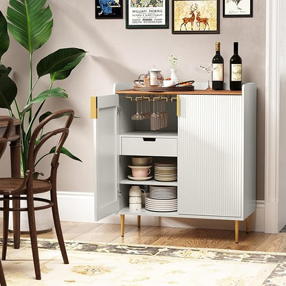 ARTPOWER Wine Bar Cabinet with Fluted Texture, Modern Coffee Cabinet with Wine Rack&Glass Holder, White Kitchen Buffet Sideboard, Freestanding Liquor Cabinet for Dining Room Living Room
