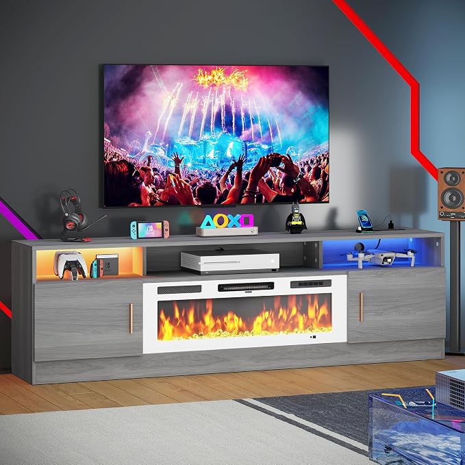 MXV 70" Fireplace TV Stand with Power Outlet for TVs UP to 80", Electric Fireplace Entertainment Center with LED Lights & Storage Cabinets, TV Console for Living Room, Office, Grey-White