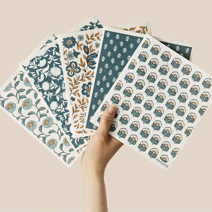 RECYCO Swedish Dishcloths for Kitchen | 5 Pack Indigo Petals Washable Dish Rags | Cellulose Reusable Cleaning Paper Towels | Absorbent Counter Dish Cloth Sponge Kitchen Wipes, 8" L x 7" W
