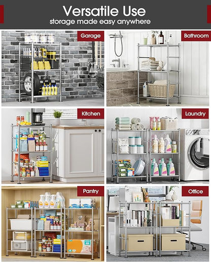 Sakugi Storage Shelves - 3 Tier Shelf Organizer, Sturdy Metal Shelving with Adjustable Leveling Feet, Space-Saving Shelves Organizer for Pantry, Laundry, Kitchen (18" x 12" x 30", Silver)