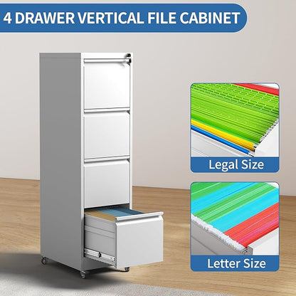 4 Drawer Mobile File Cabinet, Metal Filing Cabinet with Lock and Wheels, Home Office Rolling File Cabinets for Legal/Letter Hanging File Folders, Un-Assembled (White)