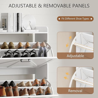 Shoe Cabinet with 3 Flip Drawers, Freestanding Hidden Shoe Storage Organizer for Entryway, Narrow Slim Shoe Rack Cabinet with Open Storage & Hooks for Front Door Entrance, Living Room, Hallway, White