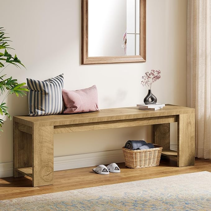 Tribesigns 47.2” Wooden Entryway Bench, Modern Farmhouse Shoe Bench for Hallway, Foyer, Bedroom, Rustic Brown