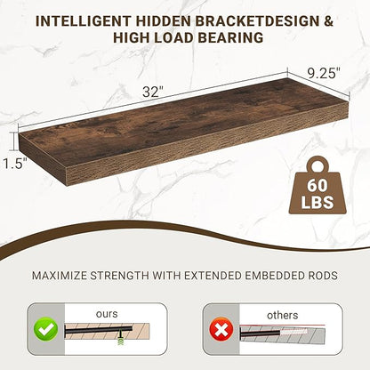 Acovy 32 Inch Floating Shelves, 3D Textured Wood Grain, 32"x9.25"x1.5" Inch Deep Floating Shelves for Wall, Wooden Shelves for Bathroom, Bedroom, Living Room, Brown, 2 Pieces