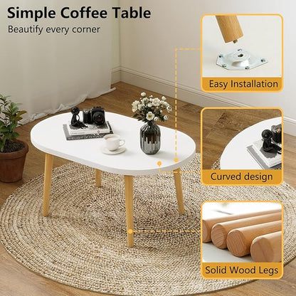 Oval Coffee Table Low Table with 4 Solid Wood Sturdy Legs,Floor Table Desk for Sitting on The Floor,19.7"D x 31.5"W x 16"H Inches,Living Room/Toy room Furniture,Rental house Furniture(White-Oval)