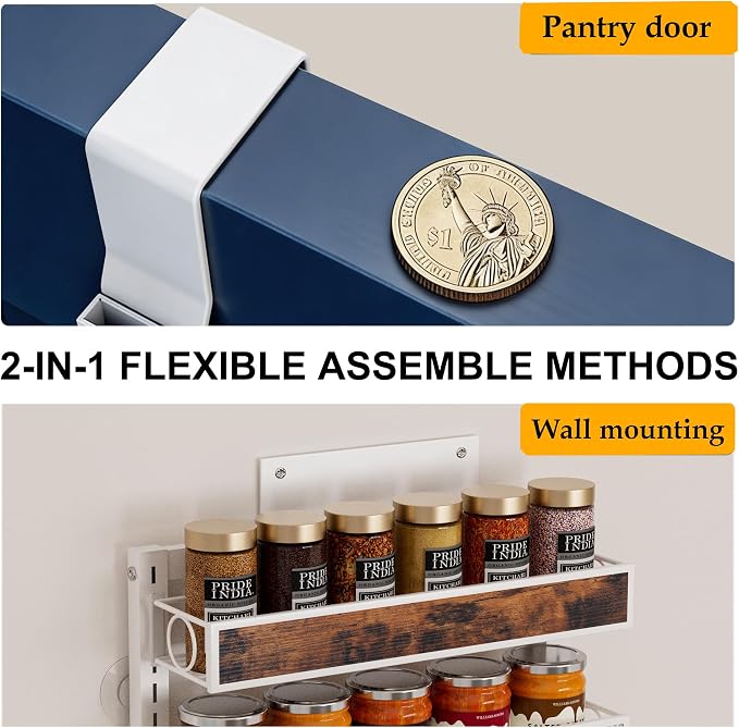 9 Tier Over The Door Pantry Orangizer 2 IN 1 Wall Mounted or Hanging Spice Rack with Adjustable Wood Basket,Heavy Duty Seasoning Storage Shelf for Kitchen Pantry and Bathroom White