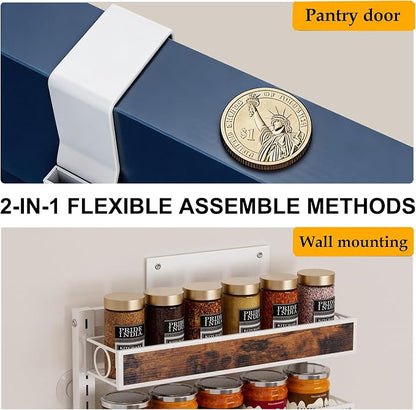 9 Tier Over The Door Pantry Orangizer 2 IN 1 Wall Mounted or Hanging Spice Rack with Adjustable Wood Basket,Heavy Duty Seasoning Storage Shelf for Kitchen Pantry and Bathroom White