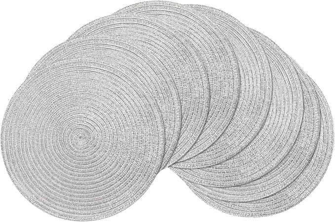 SHACOS Christmas Glitter Silver Placemats Set of 8 Sparkle Bling 15 inch Round Braided Table Mats Washable Place Mats for Dining Table Home Table Decor (Silver, 8)