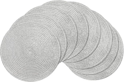 SHACOS Christmas Glitter Silver Placemats Set of 8 Sparkle Bling 15 inch Round Braided Table Mats Washable Place Mats for Dining Table Home Table Decor (Silver, 8)