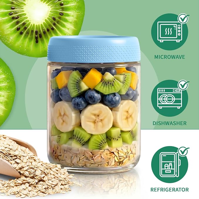 6 Pack Overnight Oats Containers with Lids, Mason Jars 16 oz with Lids, Reusable Glass Jars, Parfait Cups with Lid for Yogurt, Chia, Pudding, Snack, Food, Spice, Breakfast, Salad, Sugar