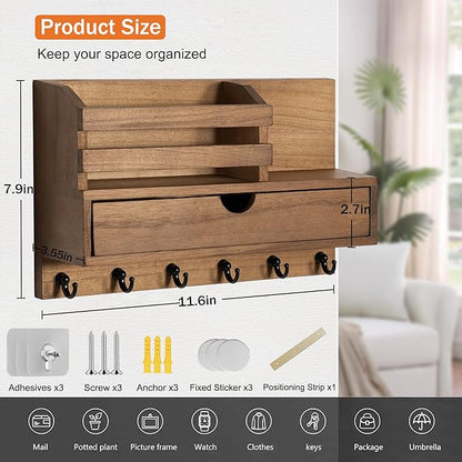 Key and Mail Holder for Wall, Mail Organizer Wall Mount with 6 Hooks and Storage Drawer, Wooden Key Rack Hanger with Shelf for Entryway and Home Decor