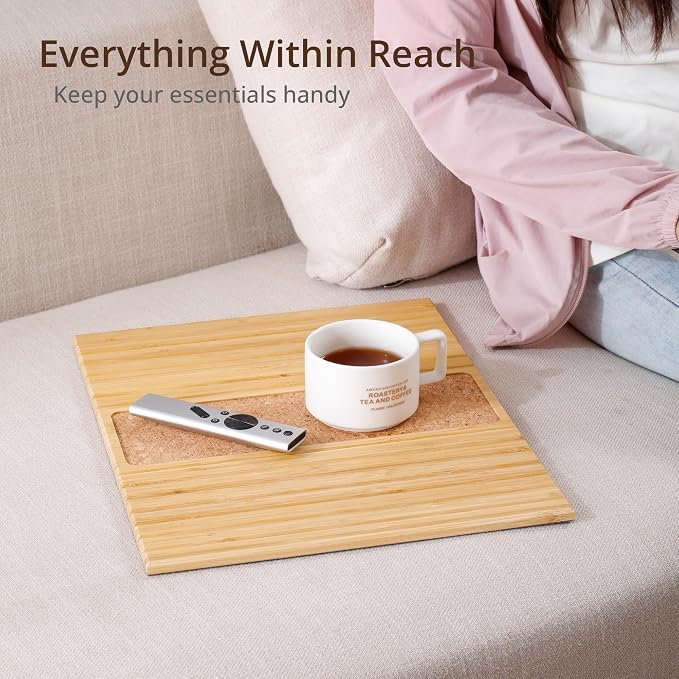 DETOR Sofa Arm Tray with Grained Cork Pad, Natural Bamboo Finish, Enhanced Non-Slip Bottom, Sturdy Bamboo Slats, Fits Armrests 4.6" and Wider