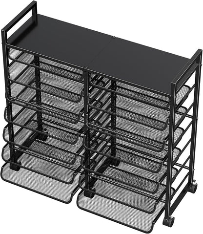 Simple Trending 15-Tier Rolling File Cart, Desk File Organizer with 14 Mesh Sliding Trays, Letter & Legal Paper Storage Rolling Utility Cart for Office Home School, Black