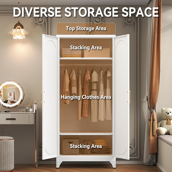 Polup Metal Wardrobe Cabinet for Hanging Clothes, 71" Tall Armoire Wardrobe Closet with Hanging Rod, White Clothing Storage Cabinet with Doors and Shelves, Large Closet for Bedroom-Assemble Required