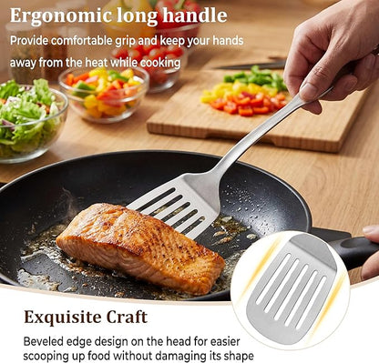 TeamFar Stainless Steel Cooking Utensils Set, 7 Pcs Kitchen Utensils, Heat Resistant Metal Kitchen Tools Include Solid & Slotted Turner/Spoon/Ladle/Skimmer/Pasta Server/Potato Masher, Dishwasher Safe