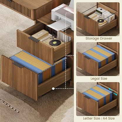 SEDETA Modern Office Desk with 4 Drawers, 59" Fluted Gaming Computer Desk with Storage, LED Lights and Power Strip, Wood Writing Desk Study Table for Home Office, Living Room, Bedroom, Brown