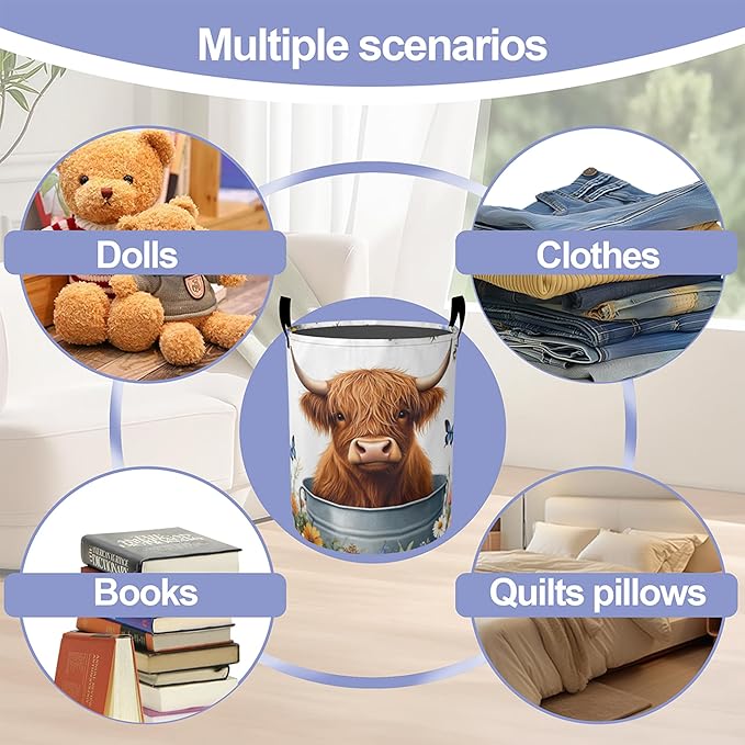Cute Highland Cattle Laundry Basket, Butterfly Oxford Cloth Laundry Hamper With Handle Foldable Portable Clothes Storage Basket Storage Bag For Laundry Room/Bathroom/Bedroom/Dormitories
