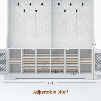 Itaar Hall Tree with Bench and Shoe Storage, 5-in-1 Entryway Bench with Coat Rack, 16 Shoe Cubbies & 12 Coat Hooks, Barn Door & Adjustable Shelf (Embossed White)