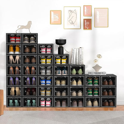 12 Pack Hard Sturdy Thickened Rigid XX Large Shoe Storage Organizer for Closet, Clear Stackable Sneaker Shoe Boxes Rack Containers Display Case Bins with Lids, Black03