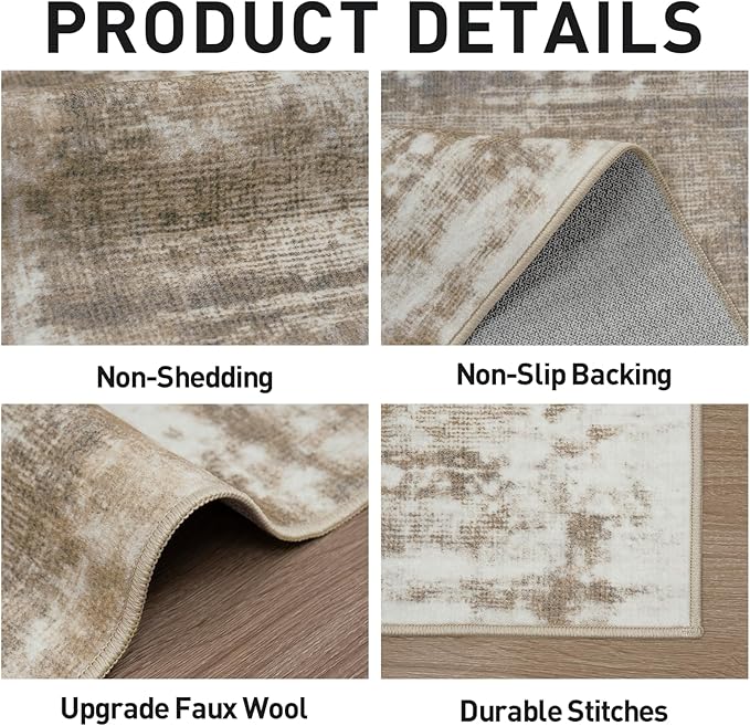 8x10 Area Rugs Washable Rug: Modern Abstract Living Room Rug Soft Anti-Skid Thin Carpet Indoor Floor Non-Shedding Carpets for Bedroom Dining Room Farmhouse Nursery Home Office Brown White