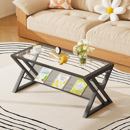 Wolawu Glass Coffee Table Living Room Table with Storage Shelf, Black Glass Table Simple Modern Rectangular Tables with Sturdy Black Metal Frame,Industrial Glass Coffee Table for Bedroom Home Office