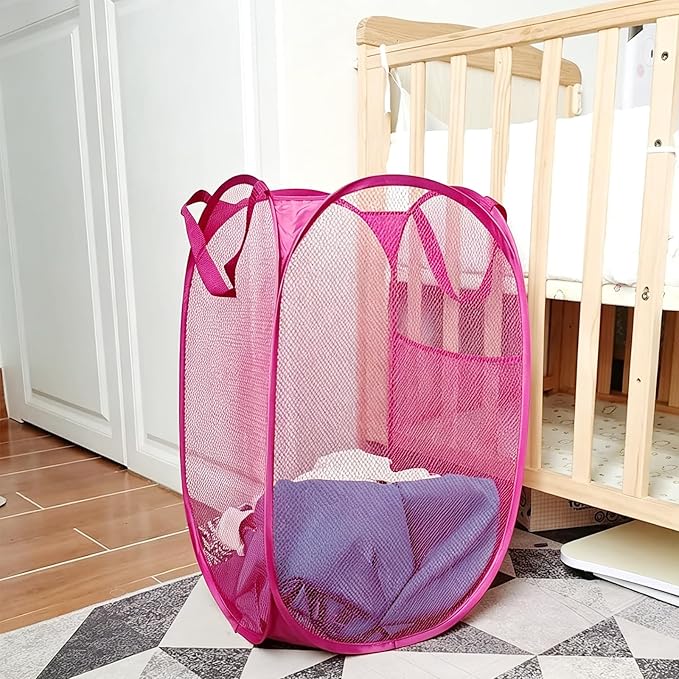 Larpur Popup Laundry Basket, Collapsible Portable Mesh Clothes Washing Laundry Hamper with Reinforced Carry Handles (Pink)