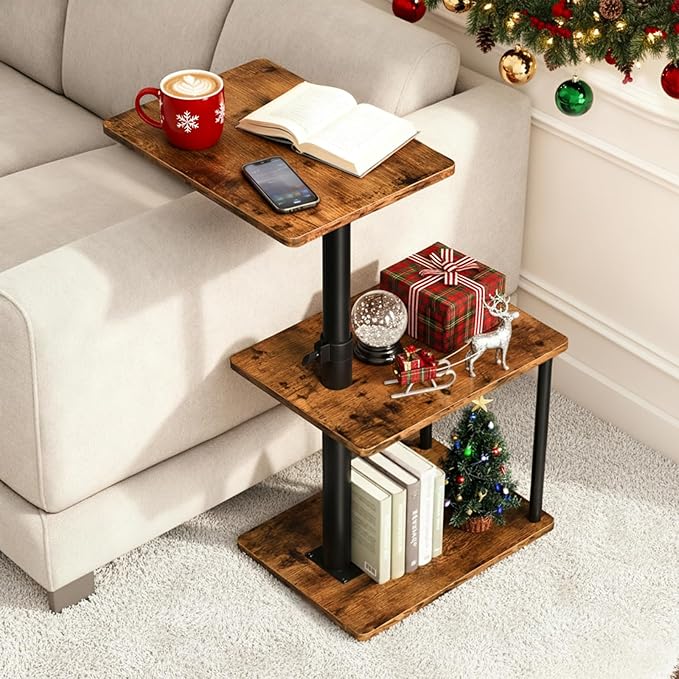 360° Swivel Side Table for Height Adjustable, C Shaped End Table for Couch with Storage, 3-Tier Night Stand with Open Shelf, Tv Tray for Small Spaces, Living Room, Bedroom, Rustic Brown