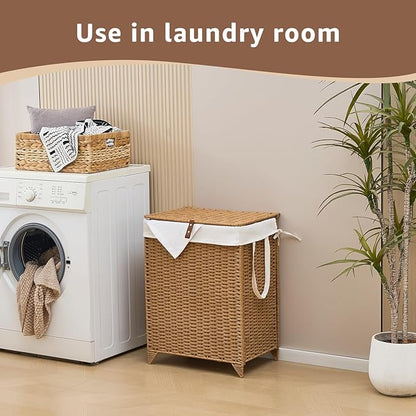 Laundry Hamper with Lid and Removable Liner Bag, Handwoven Rattan Clothes Hamper with Heightened Feet, Wicker Laundry Basket for Clothes and Towels，Middle