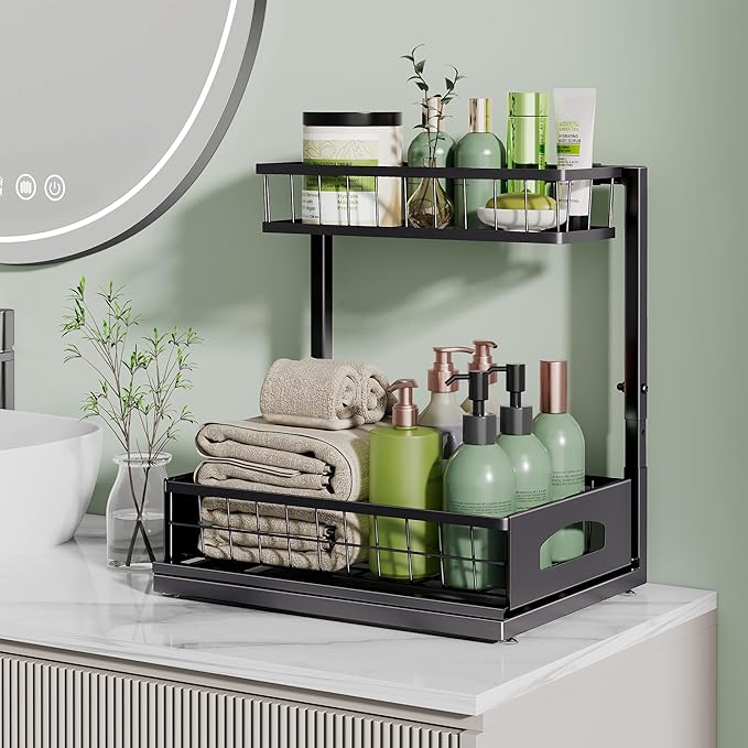 Under Sink Organizer, 2 Pack Cabinet Organizer for Kitchen, Height Adjustable Pull Out Heavy Duty 2 Tier Metal Under Sink Storage for Bathroom Pantry (Black, 2 Pack)