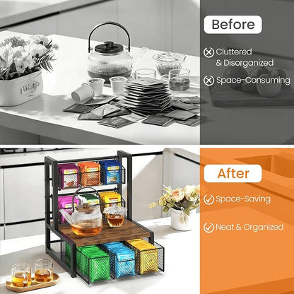 Homode Tea Bag Organizer, 3 Tier Tea Storage Container Box, Wood Tea Station Caddy, Teabag Holder Stand with Drawer Basket, Large Tea Chest Display Rack for Countertop Cabinet Office, Rustic Brown