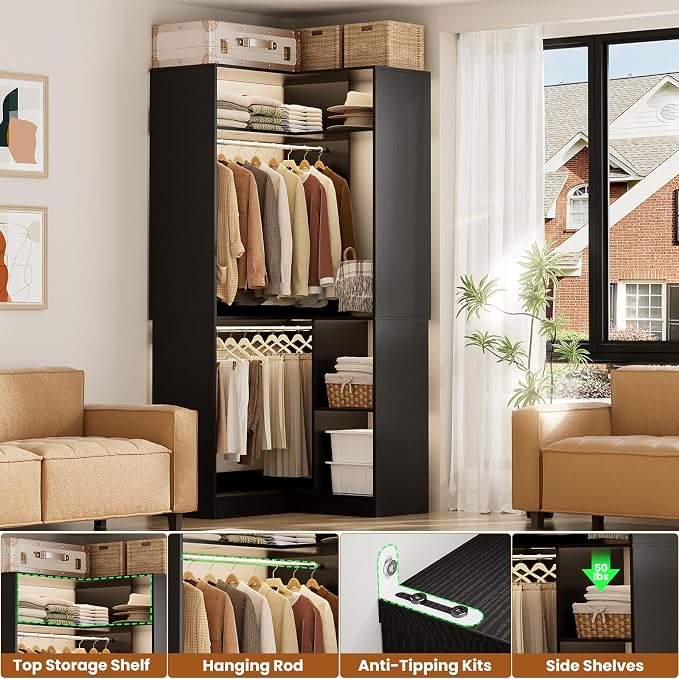 Aheaplus Corner Closet System with Shelves, Closet Organizer System with Hanging Rods, Wood Walk-in Closets for Corner Small Space, L Shaped Garment Rack, -B3, Black