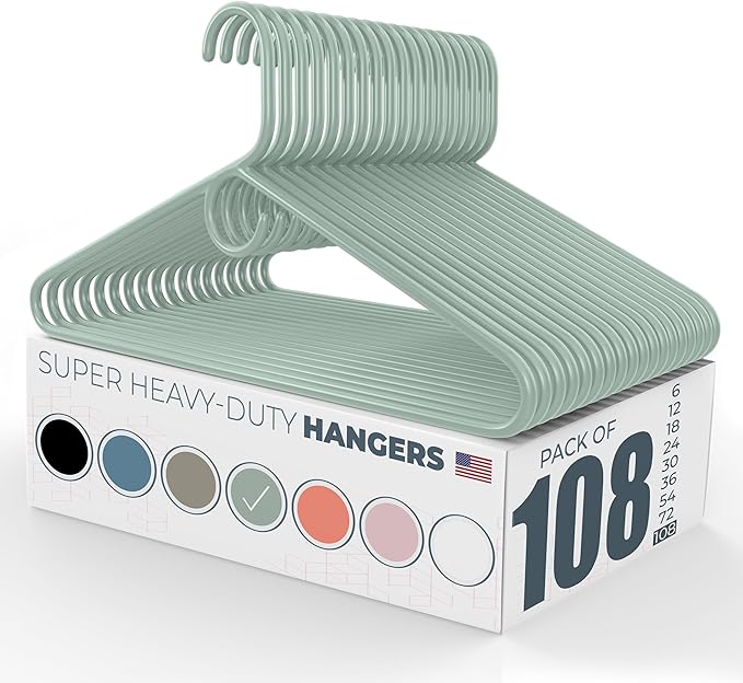 Neaties Super Heavy Duty Clothes Hangers 100 Pack (108 Count) – Made in The USA - 10lb Capacity, Thick Plastic Hangers for Pants, Coats, Jackets, Jeans and Adult Clothing – Mint