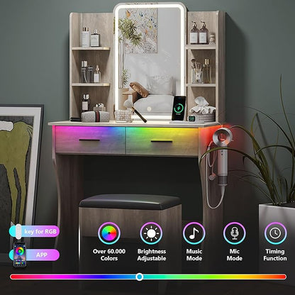 Small Vanity Desk with Mirror and Lights, Makeup Vanity with LED Lights, Grey Vanity Mirror with Lighted Desk and Chair, 3 Lighting Adjustable Compact Dressing Table with Mirror for Women, Girls