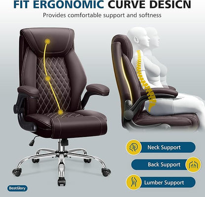 Office Chair, Executive Leather Office Chairs with Rocking Function, Big and Tall Ergonomic Computer Chair with Lumbar Support Flip-Up Armrests, Comfortable Gaming Chairs for Home Ofiice