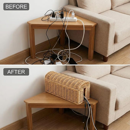 Cable Management Box, Handwoven Rattan Cable Organizer, Cord Organizer Box to Hide Cords & Power Strip, Boho Wire Hider Basket for Home Office, Dome Cover, Natural